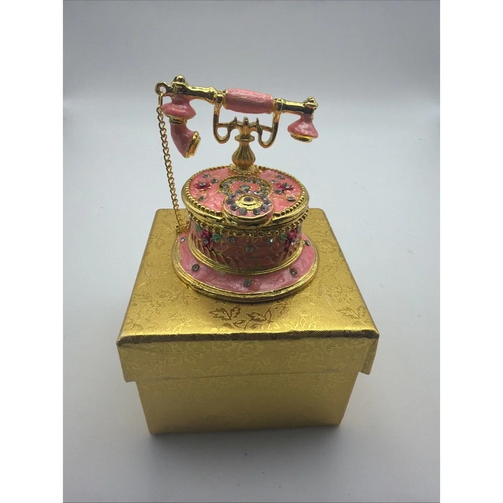 Hand Painted Pink Telephone Style Enameled Jewelry Trinket Box*